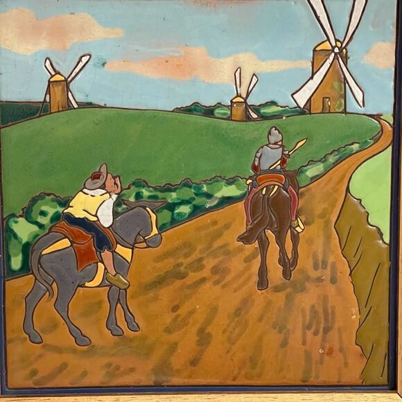 Antique Framed Don Quixote Sancho 8” Enameled Clay 8” Square Tiles Custom Framed - Picture 11 of 16